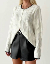 Anaz Contrast Trim Cable Knit Cardigan in off white - women's cardigan
