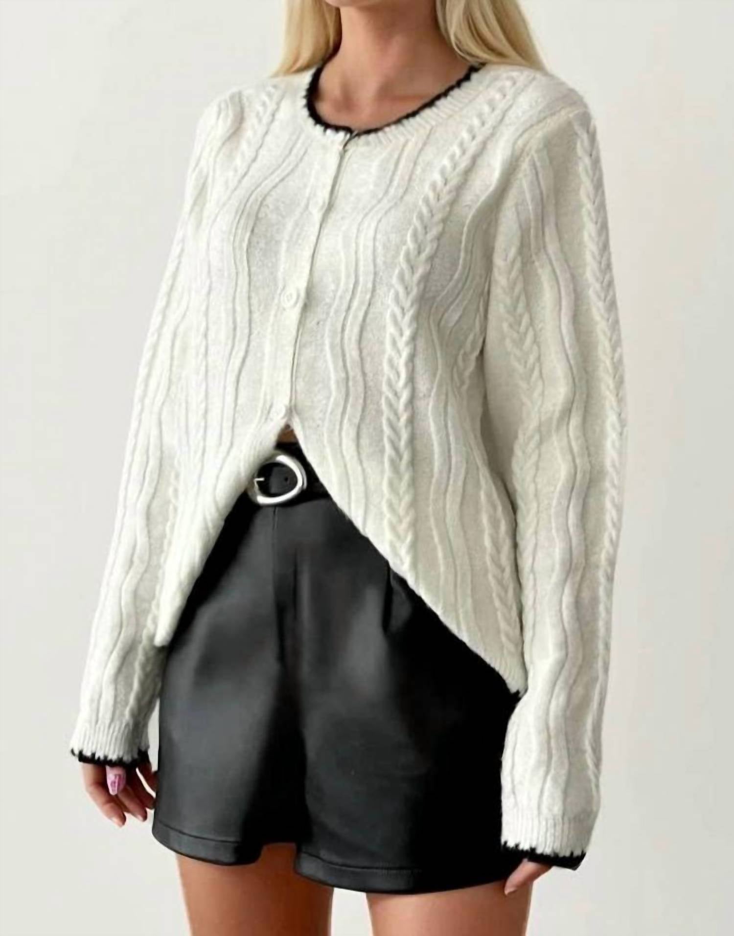 Anaz Contrast Trim Cable Knit Cardigan in off white - women's cardigan
