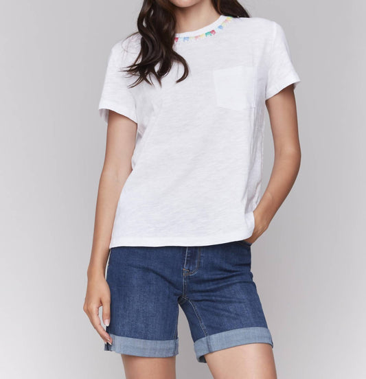 Charlie B - Short Sleeve Tee with pastel embroidery at neck