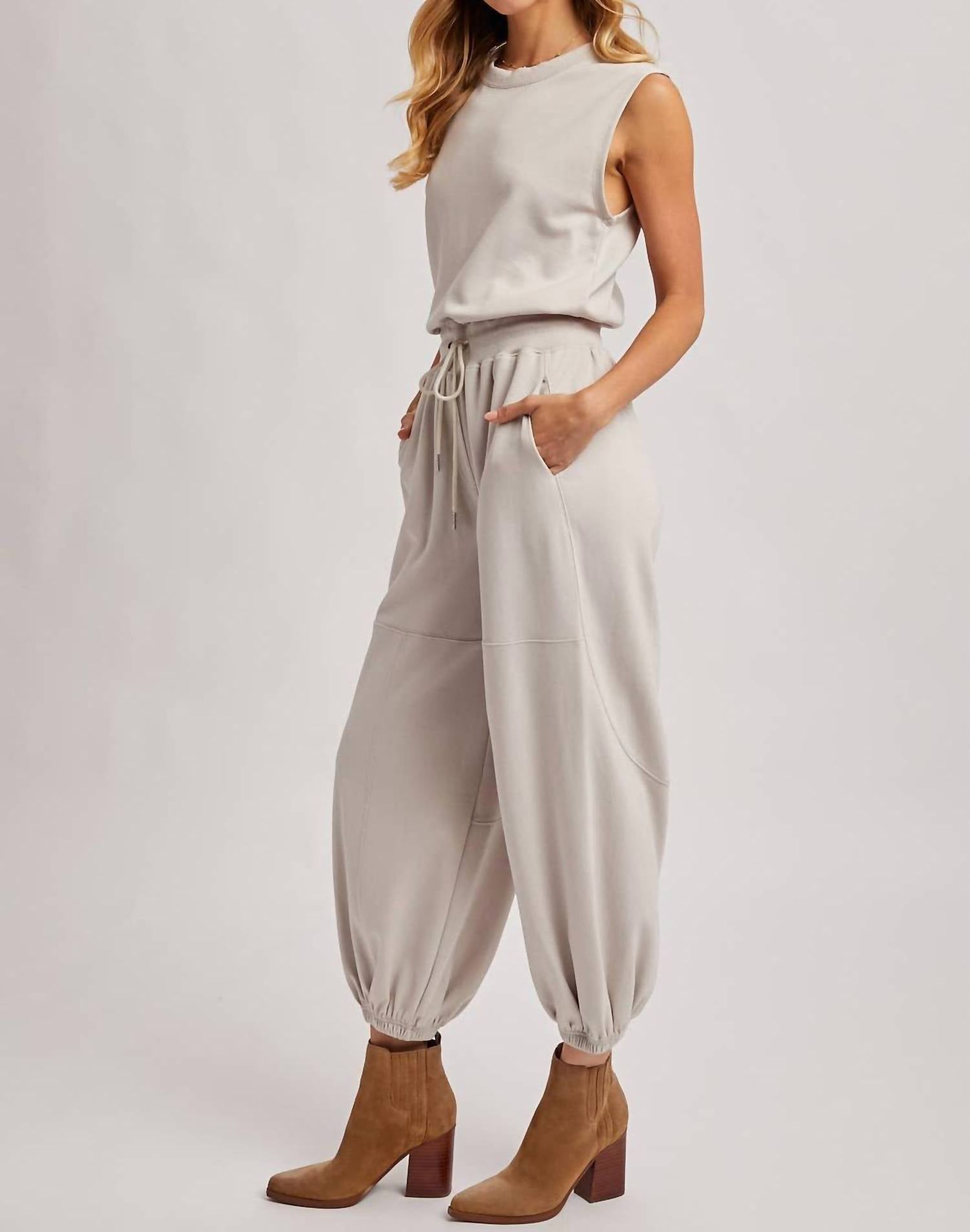 Bluivy - Women's Drawstring Waist Sleeveless Knit Active Jumpsuit