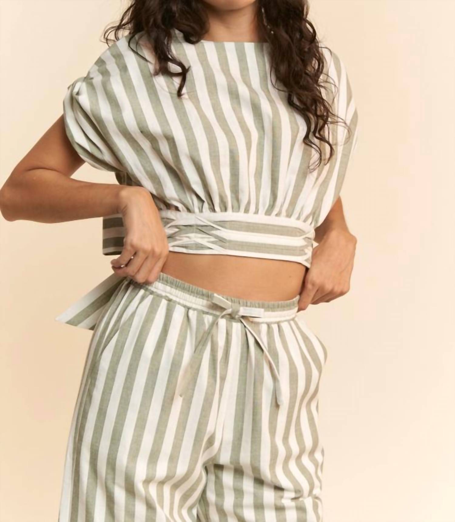 Davi & Dani - Striped Cropped Wrap Top And High Waisted Pants Set
