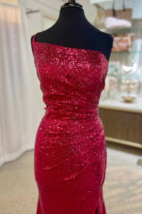 Sherri Hill - Women's Mermaid One Shoulder Sequins Prom Dress With Slit