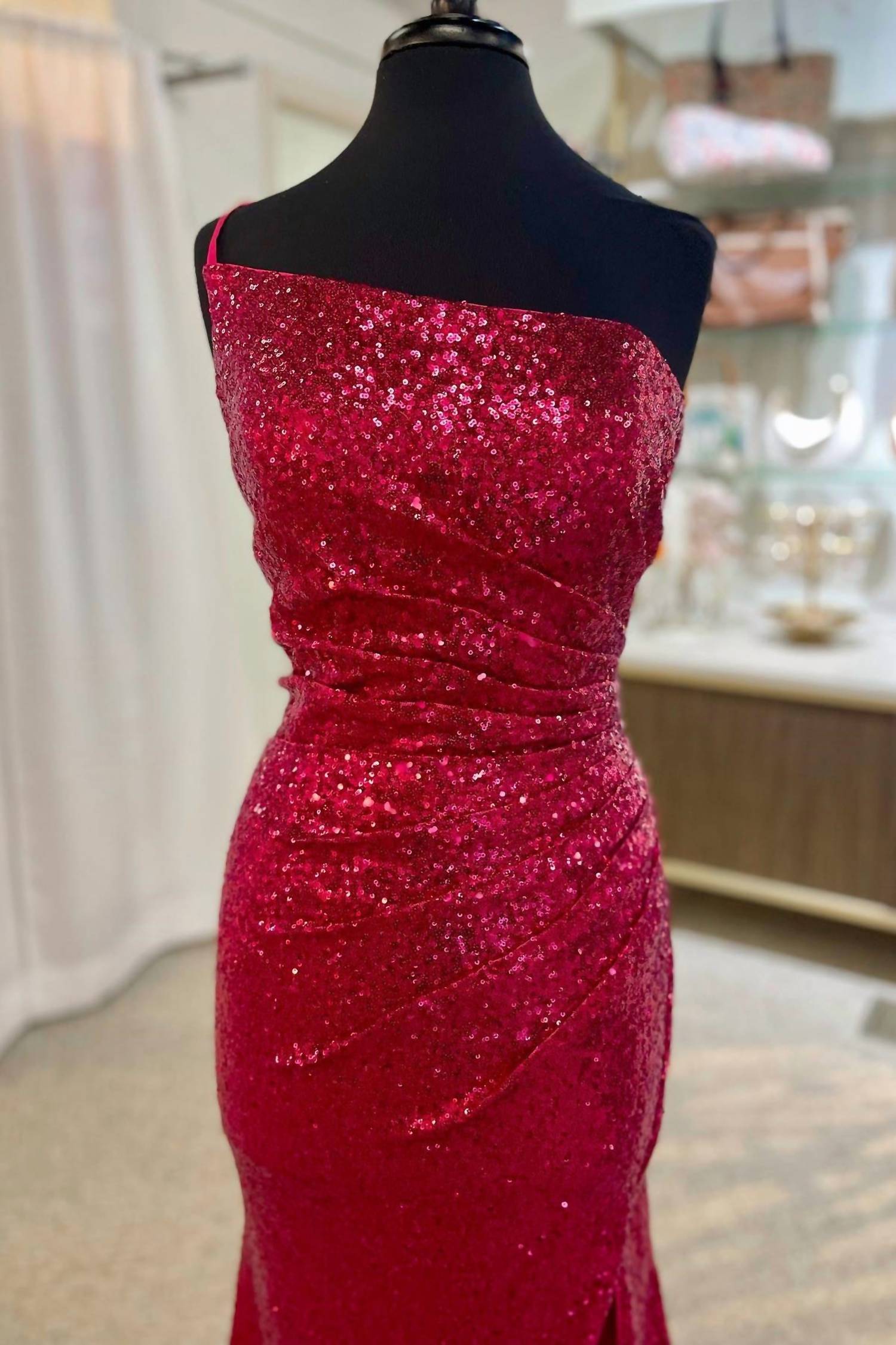 Sherri Hill - Women's Mermaid One Shoulder Sequins Prom Dress With Slit