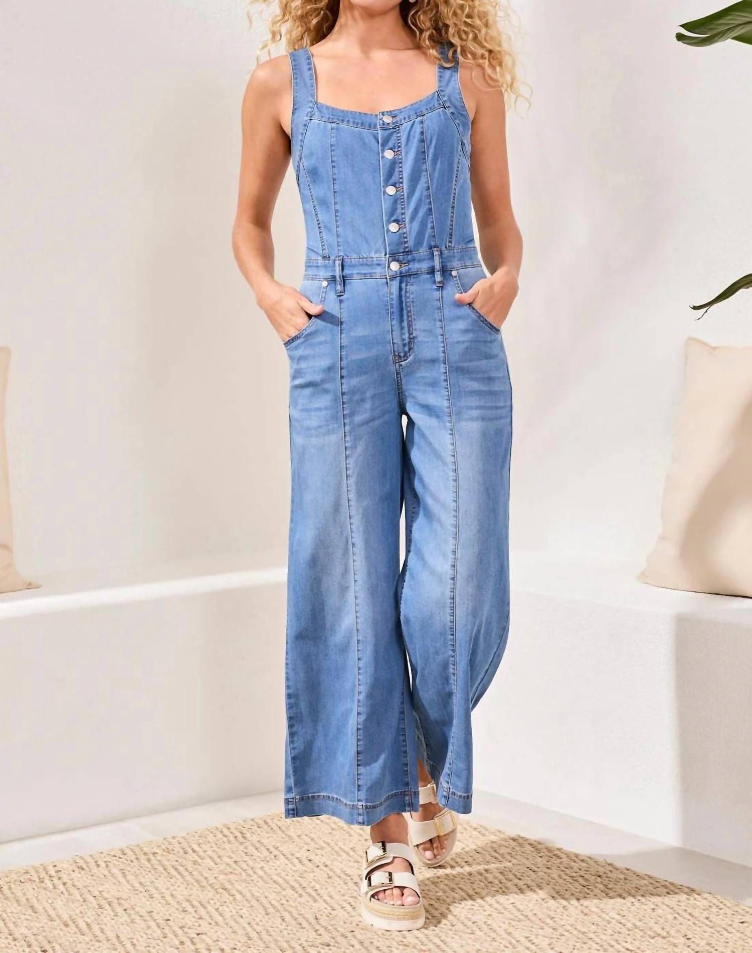 TRIBAL Tencel Wide Leg Jumpsuit With Shirred Elastic Back in blue - women's pants