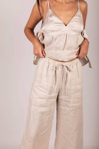 P.CILL Linen Ruffled Hem Wide Leg Pant in natural - women's pants - detail view