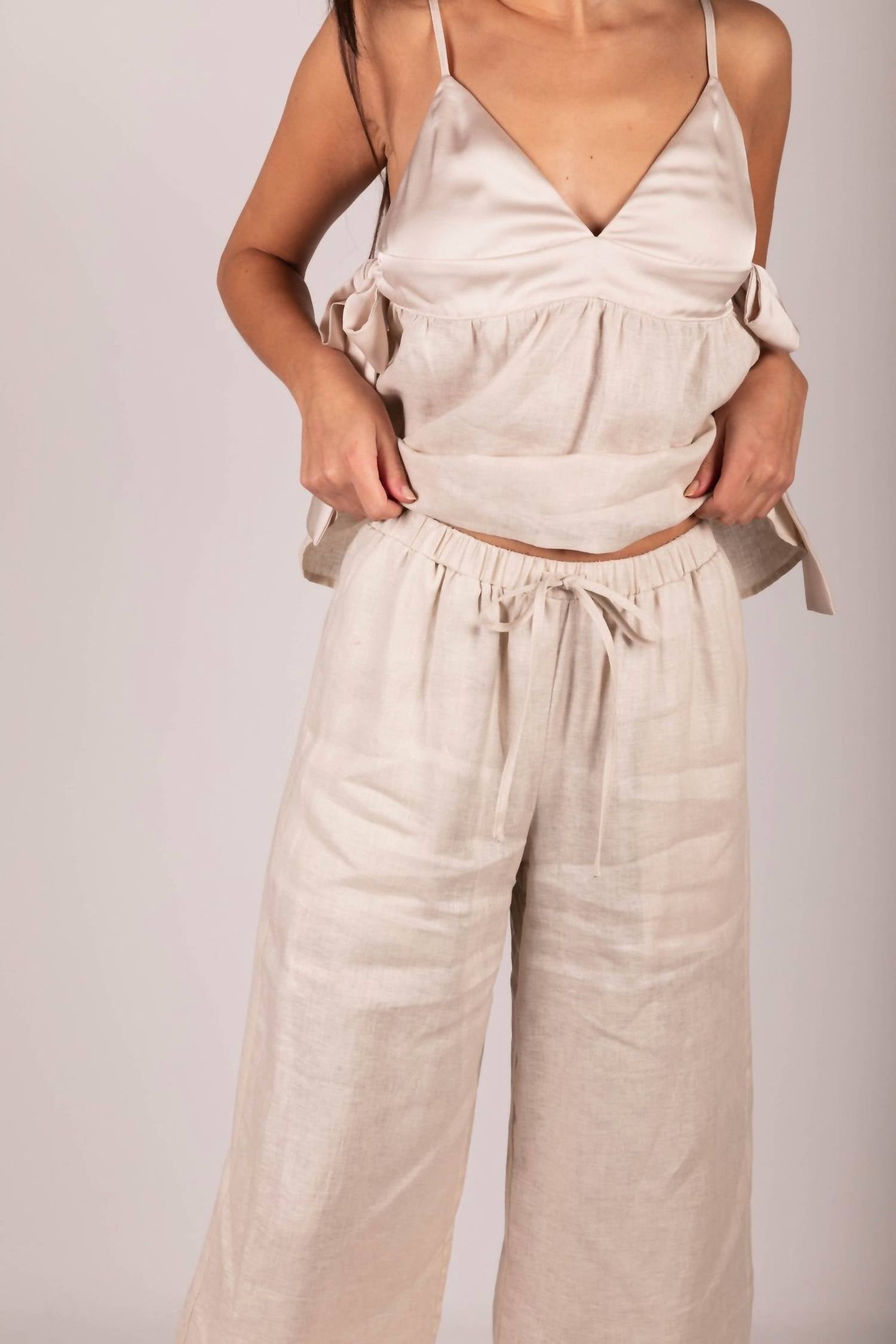P.CILL Linen Ruffled Hem Wide Leg Pant in natural - women's pants - detail view