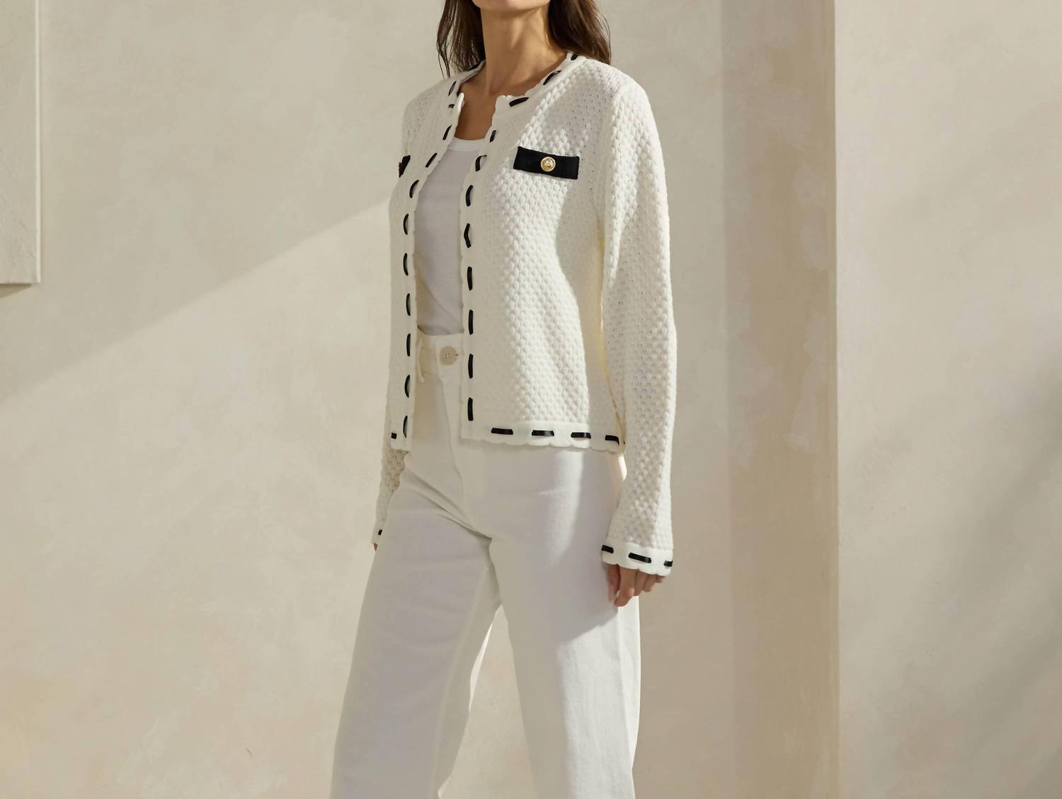 ABLE Contrast Trim Cardigan in white black - women's cardigan - view 5