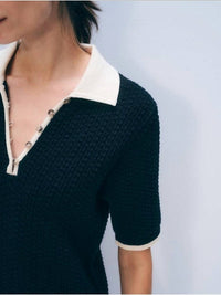 White + Warren Boucle Dress in midnight ivory trim - women's dress - detail view
