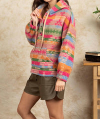 New In - Aztec Print Snap Button Detail Hooded Top