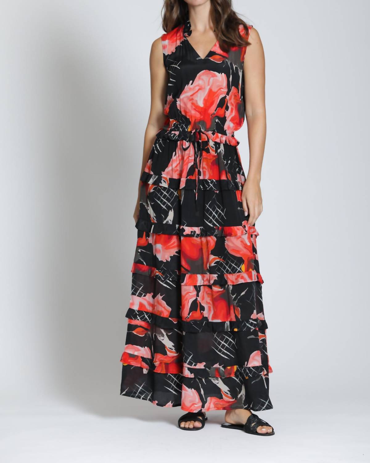 APNY Tiered Maxi Dress in abstract rouge - women's dress