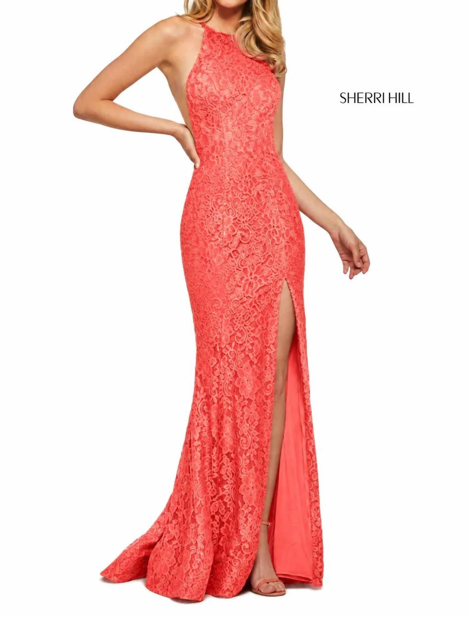 Sherri Hill - Stretch Lace High Slit Halter Gown Dress
