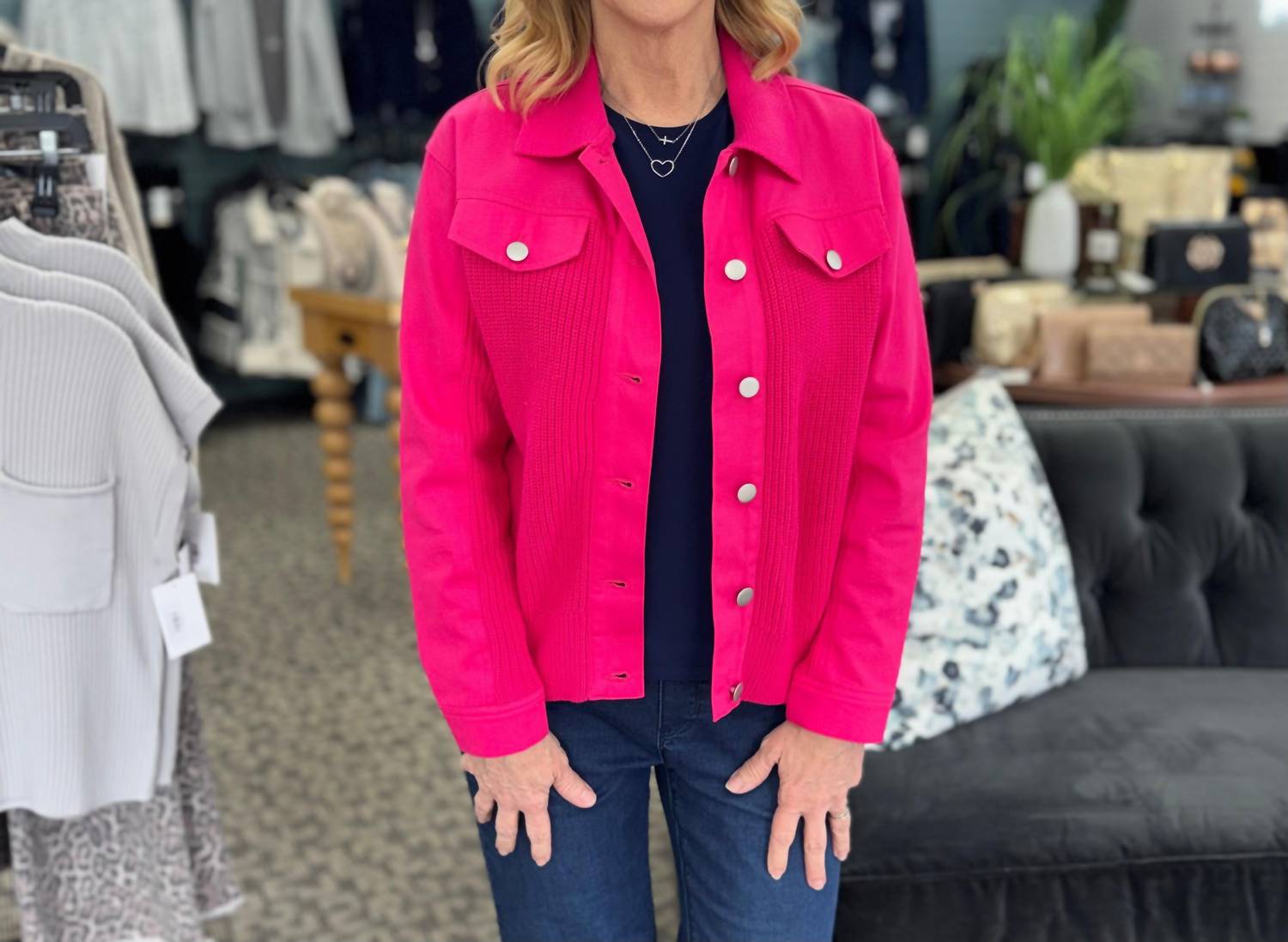 Multiples Cuffed Faux Flap Pocket Button Jean Style Jacket in candy pink - women's jacket