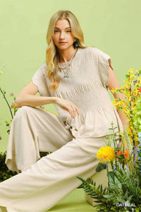 Umgee - Linen Blend Smocked Peplum Top
