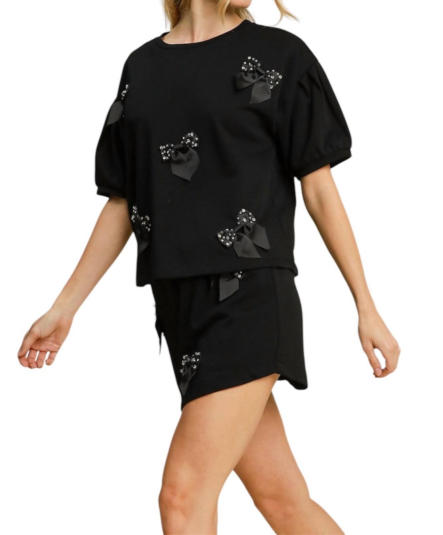 Umgee - French Terry Skort With Rhinestone Ribbon Details