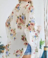 ADORA Chiffon Floral Print Three Fourth Sleeve Kimono in ivory and blue - women's cardigan - view 5
