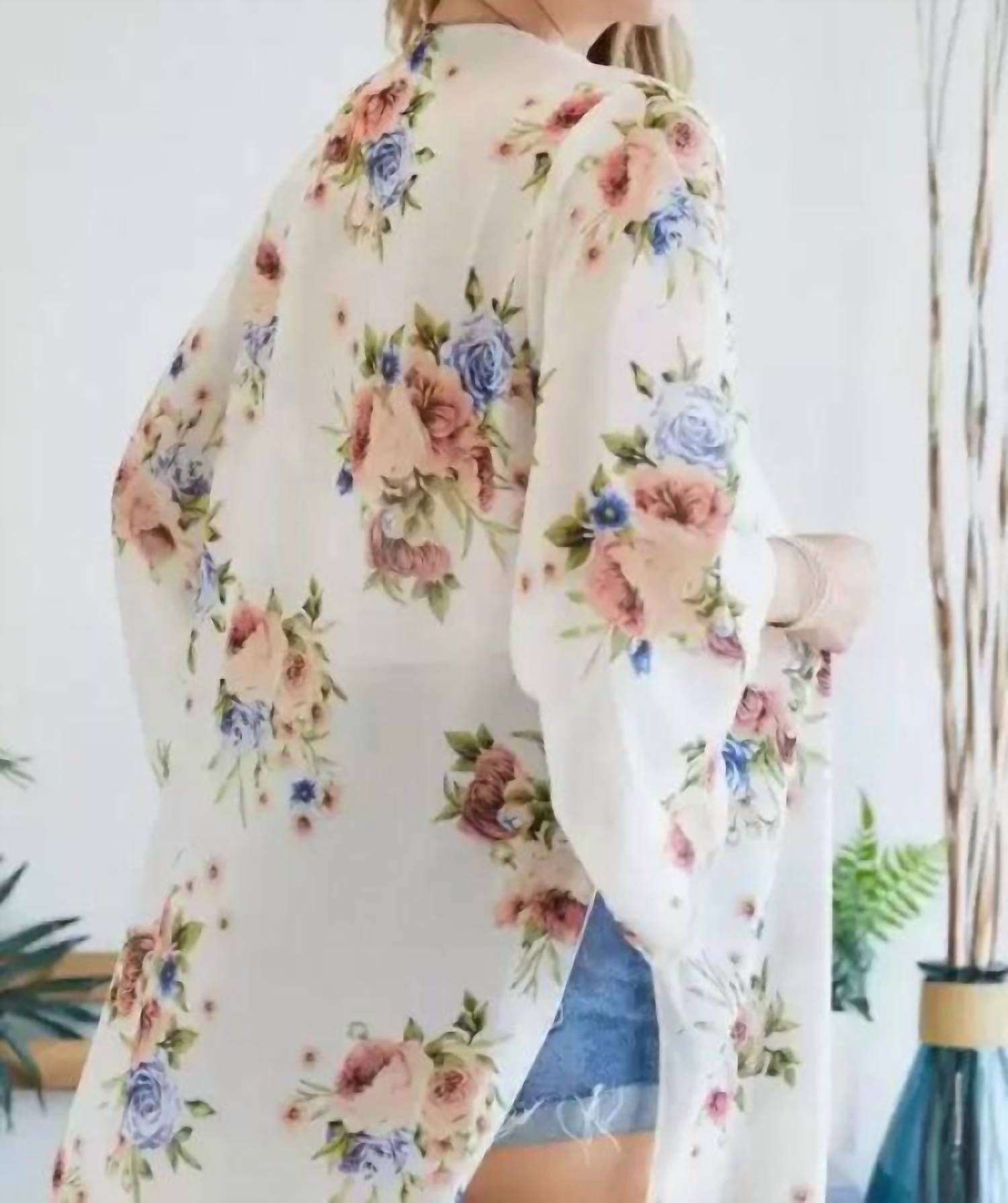 ADORA Chiffon Floral Print Three Fourth Sleeve Kimono in ivory and blue - women's cardigan - view 5