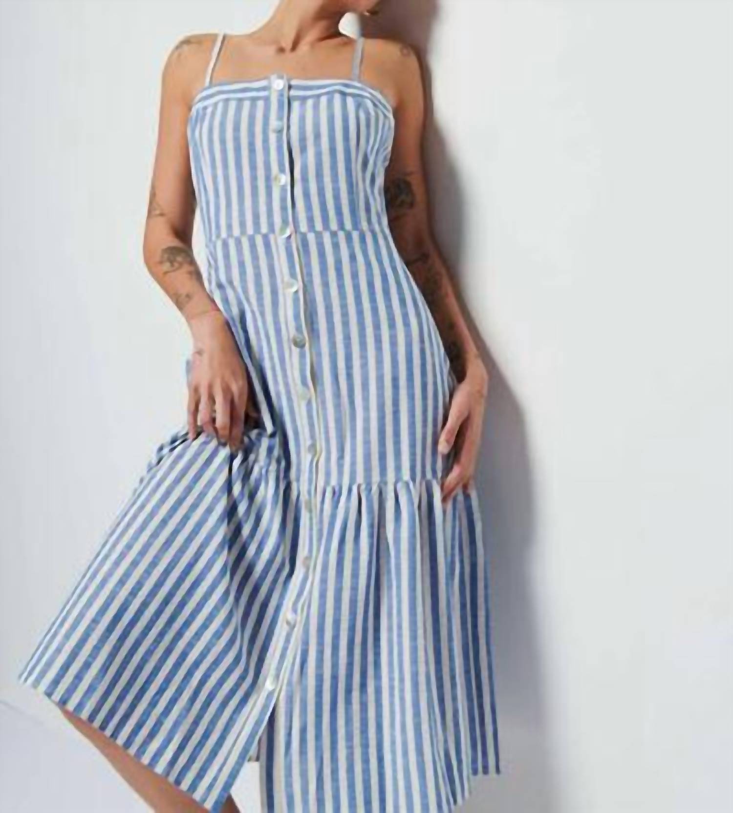 Nation LTD Luciana Single Tier Midi Dress in parisian blue stripe - women's dress - alternate view