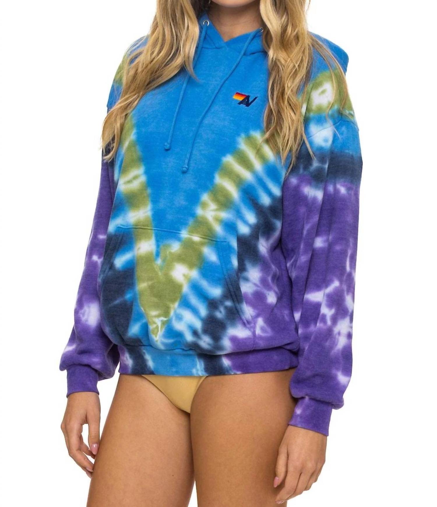 AVIATOR NATION Unisex Hand Dyed V Relaxed Pullover Hoodie in ocean purple - women's top - alternate view