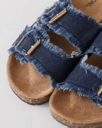 Roxoni Women's Double Buckle Frayed Cork Sandals in dark blue - women's sandal - detail view
