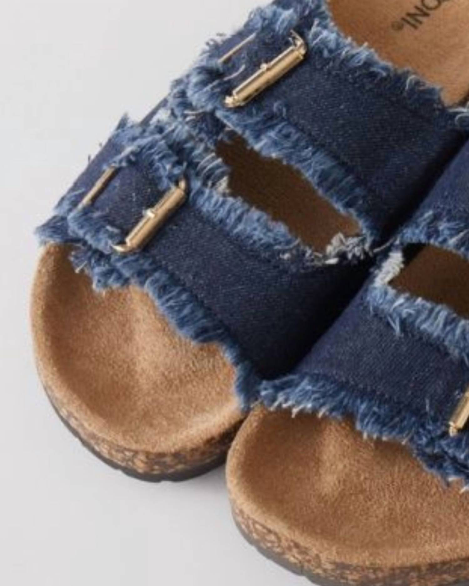 Roxoni Women's Double Buckle Frayed Cork Sandals in dark blue - women's sandal - detail view