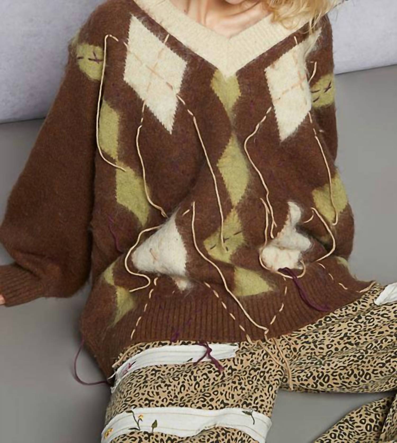 Pol - Oxford Argyle Distressed Oversized Sweater