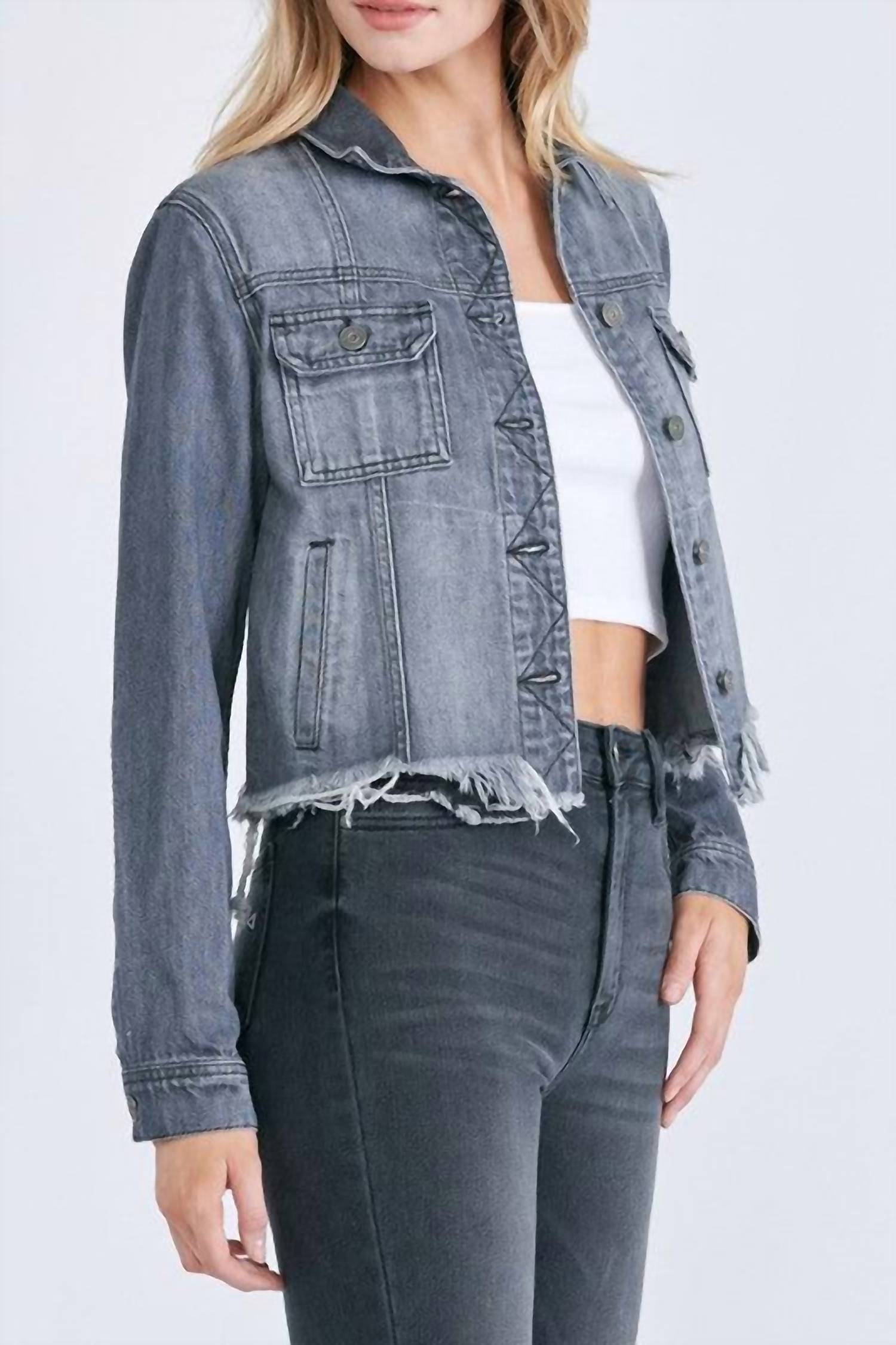 Hidden - Katy Cropped Distressed Jean Jacket
