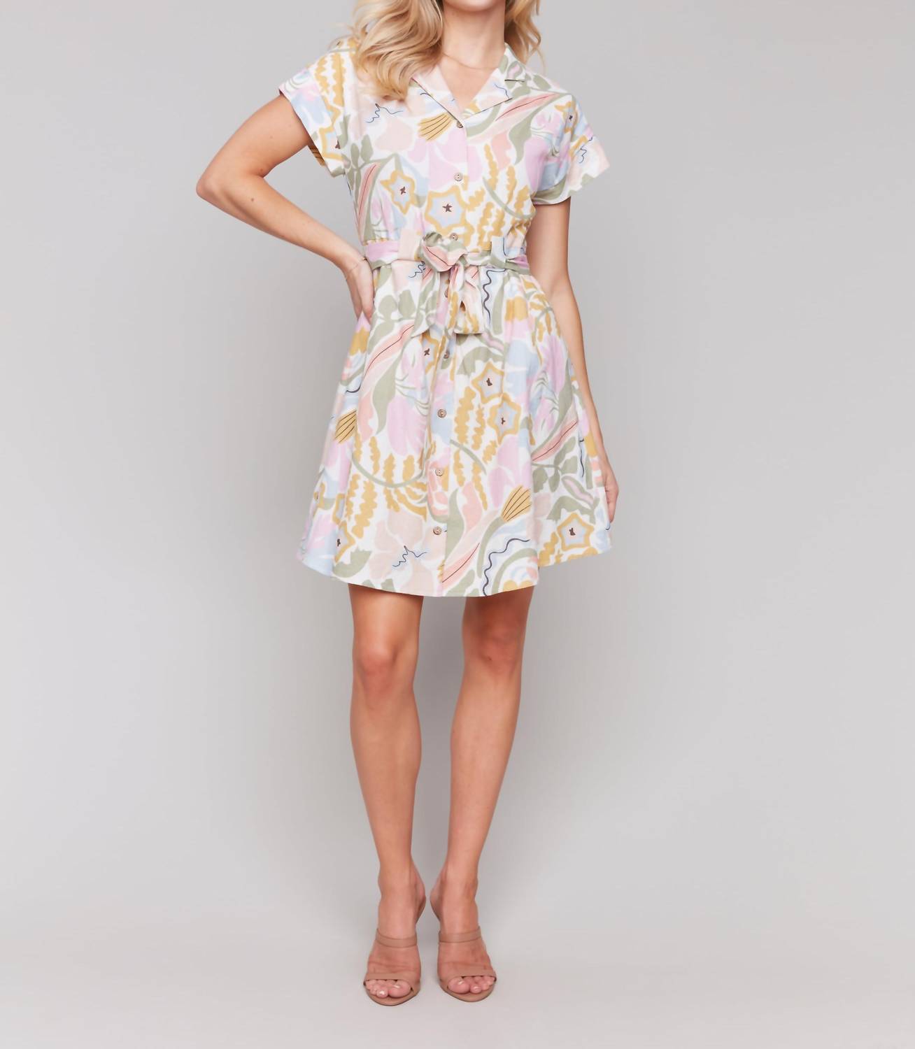 Charlie B - Linen Blend Short Sleeve Button-front Dress