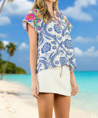 Thml - Embroidered Floral Tile Short Sleeve Top