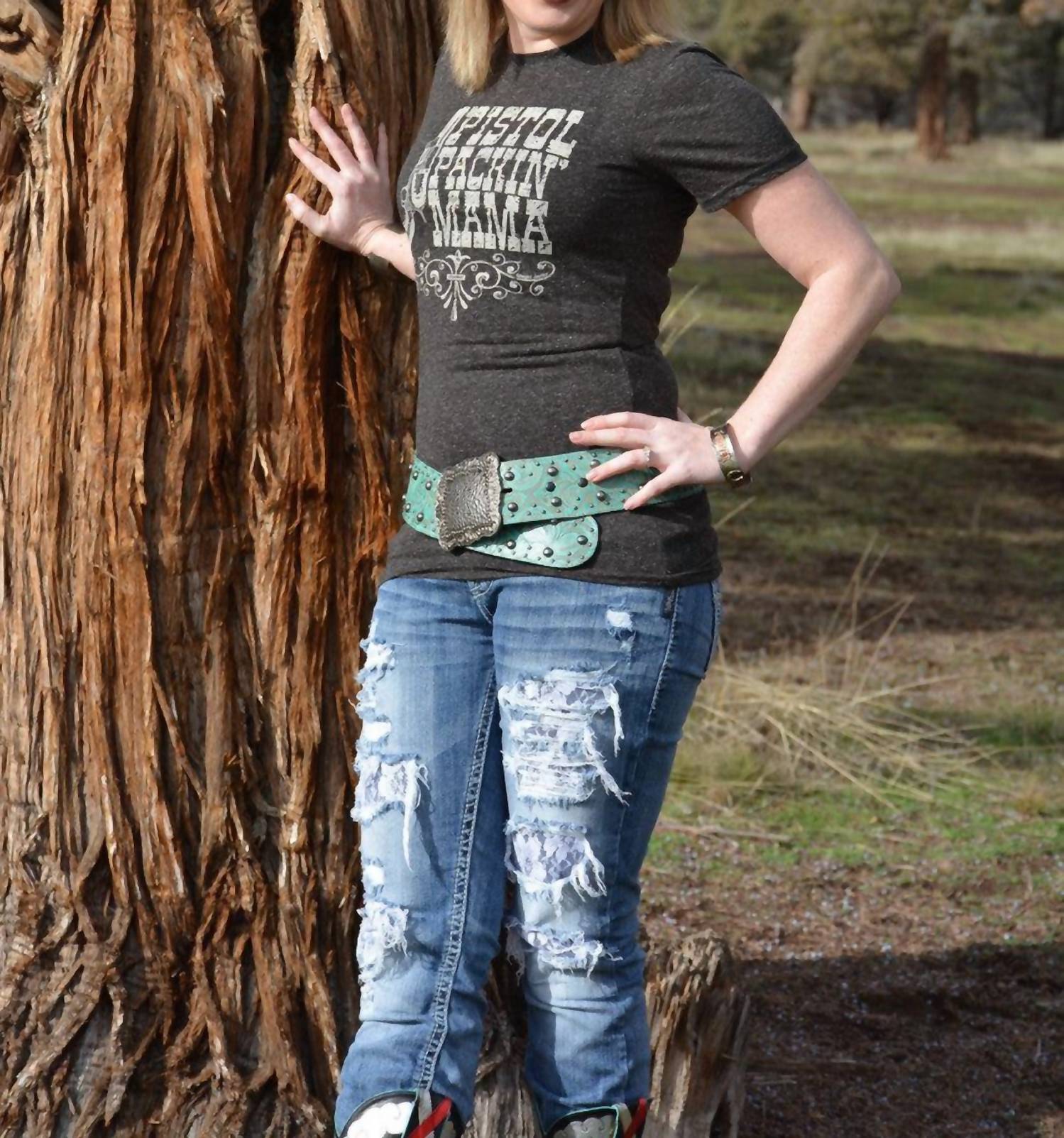 Cowgirl Justice Pistol Packin Mama Tee in black - women's t-shirt - detail view