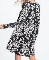 Heimish Usa - Damask Print Long Sleeve V-neck Swing Dress With Pockets