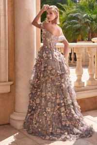 Ladivine Off Shoulder Glitter Floral Prom Dress in gold mist - women's dress - alternate view