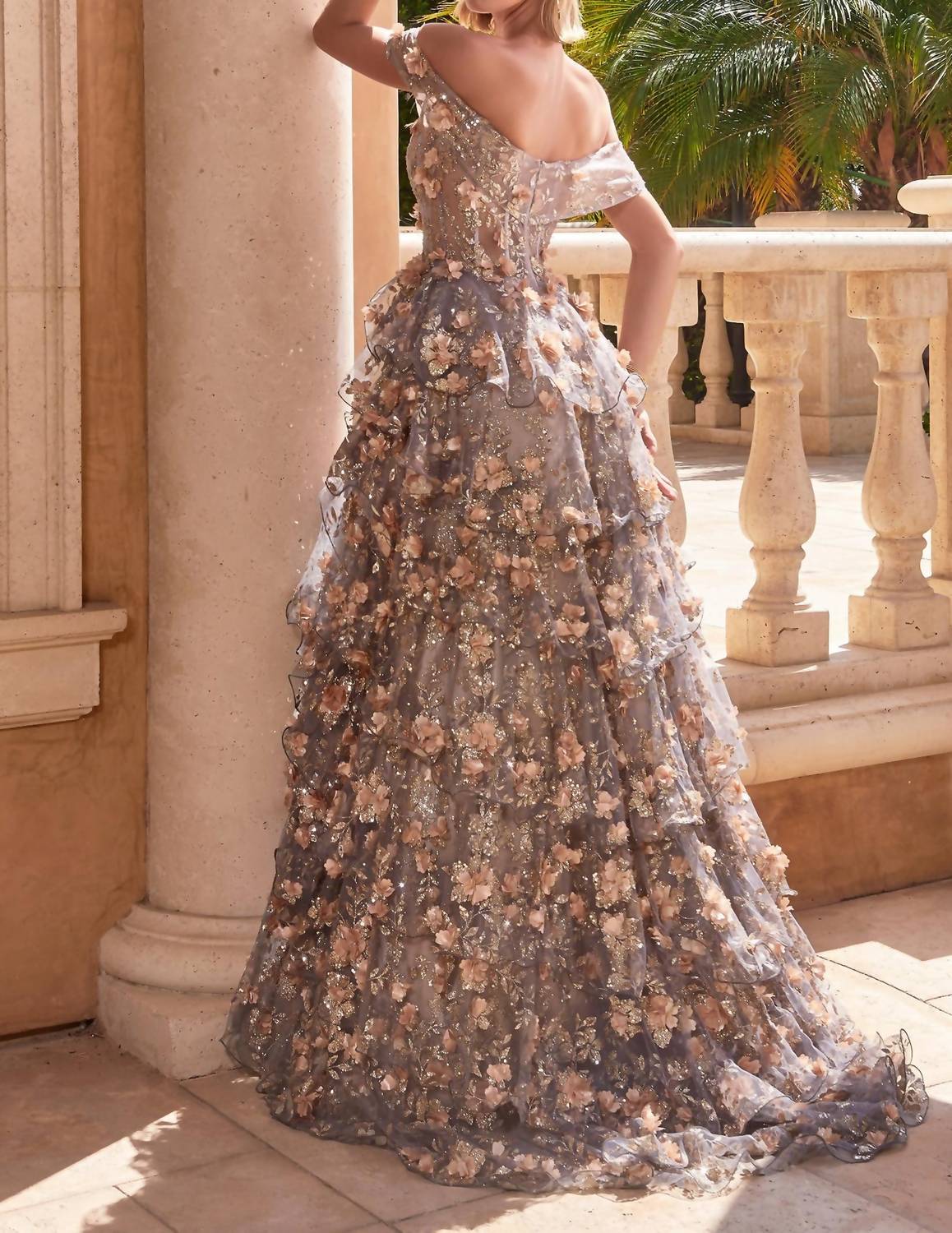 Ladivine Off Shoulder Glitter Floral Prom Dress in gold mist - women's dress - detail view