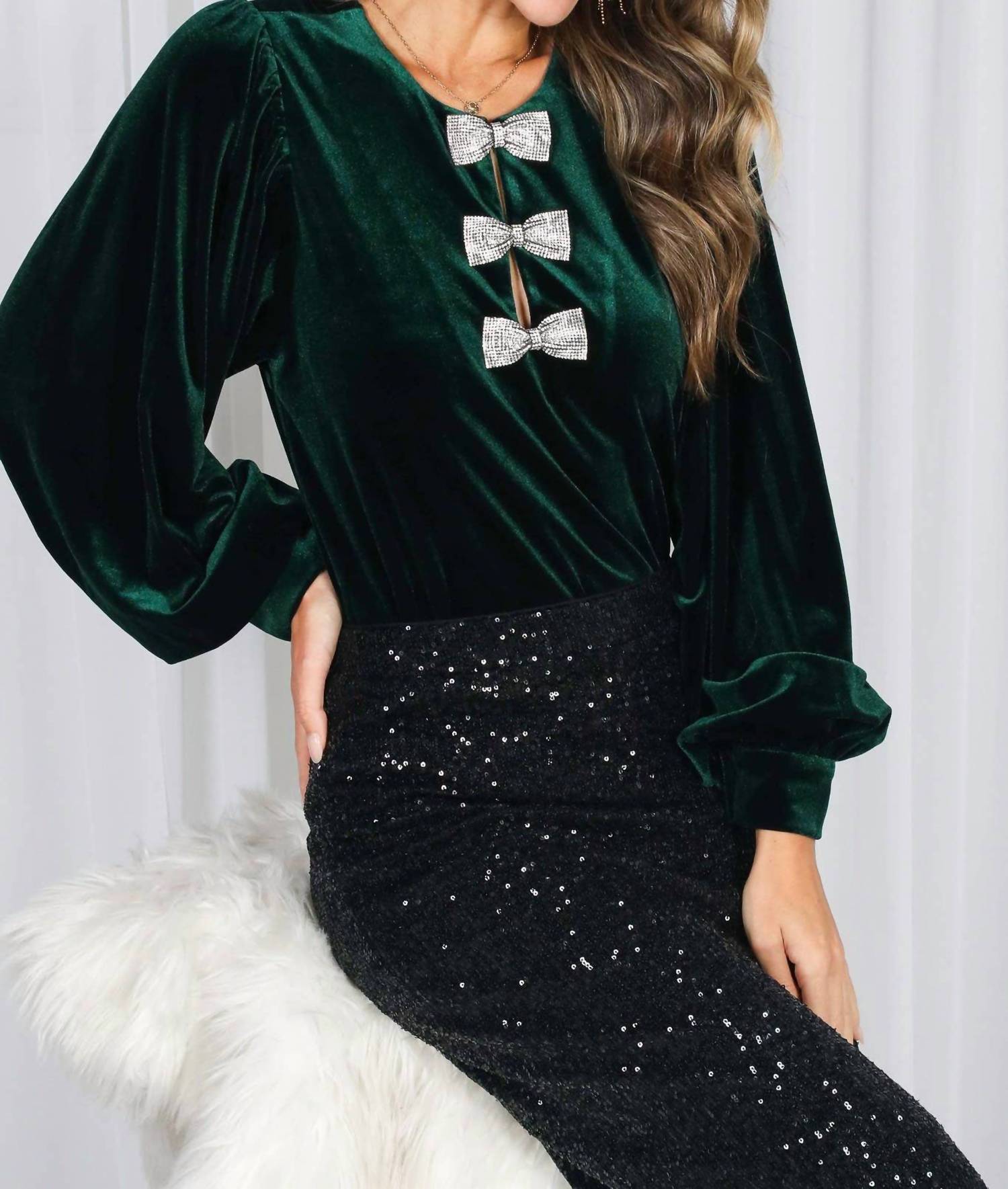 Vine & Love Sequin Bow Accent Luxe Velvet Blouse in hunter green - women's blouse - alternate view