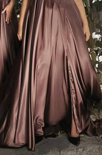 Ladivine Long Satin V-neck Dress in mahogany - women's dress - detail view