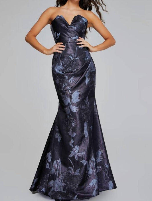 Jovani - Elegant Floral Gown With Asymmetrical Detailing
