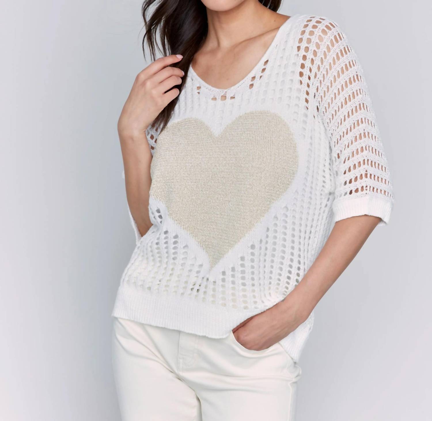 Charlie B - Fishnet V-neck Sweater With Heart