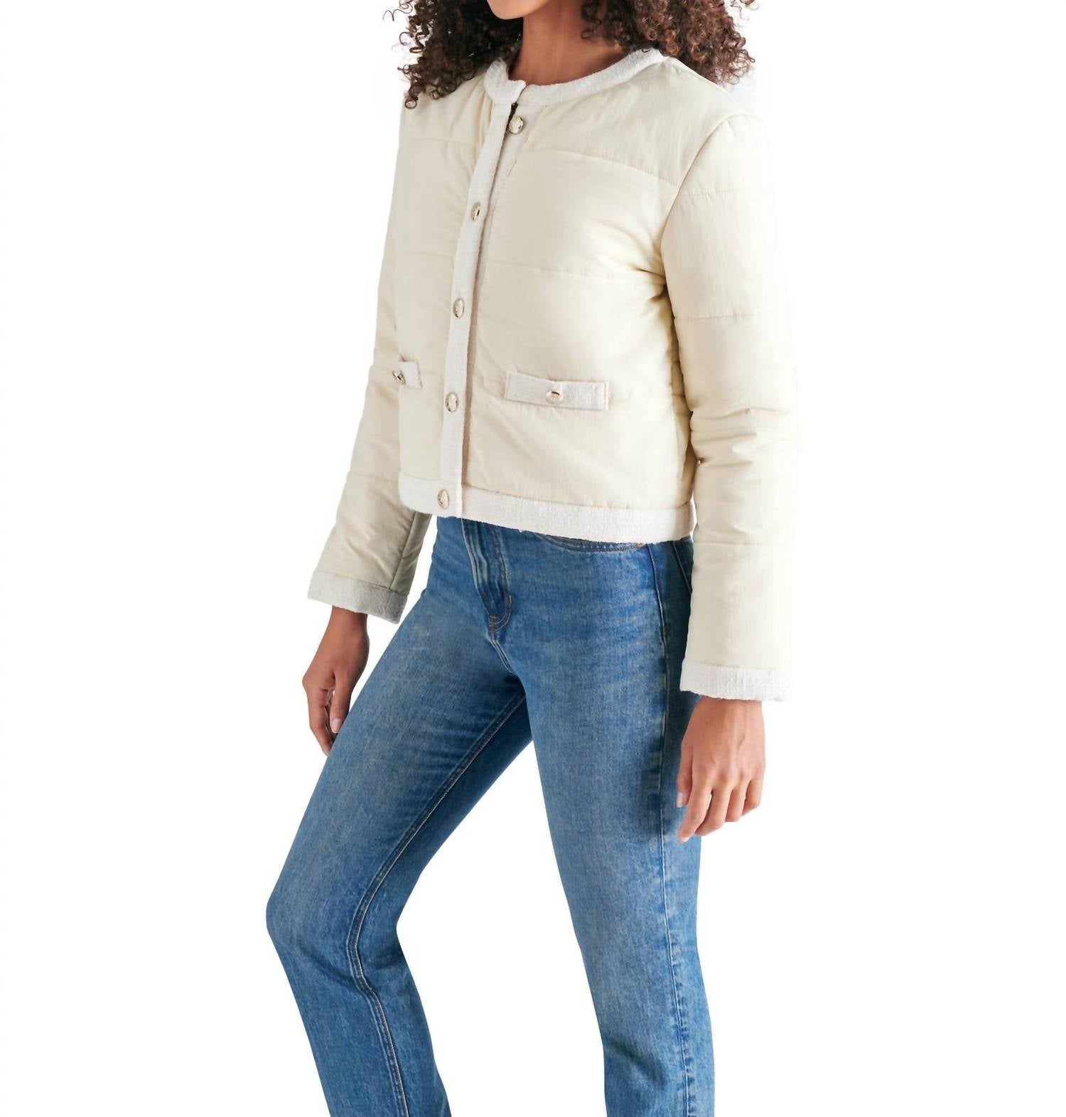 STEVE MADDEN Coppelia Tweed-trim Puffer Jacket in cream tan - women's jacket - detail view