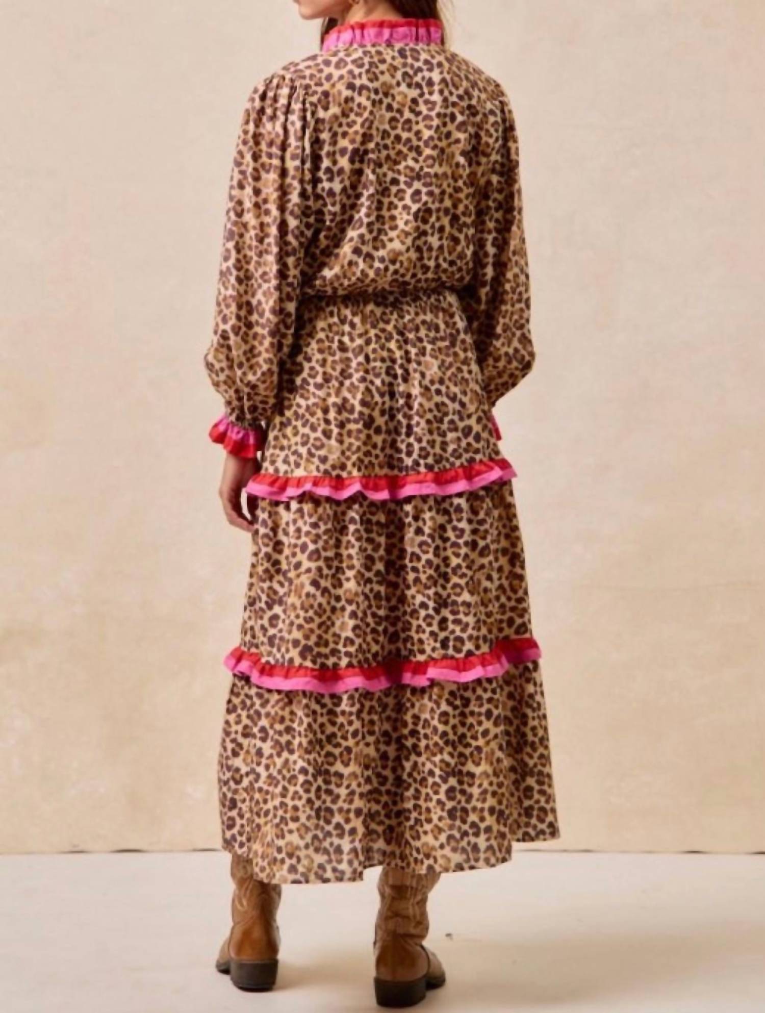 BiBi Leopard Printed Midi Dress With Contrast Stripe in beige - women's dress - alternate view