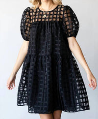 First Love - Plaid Organza Puff Sleeve Tiered Short Dress