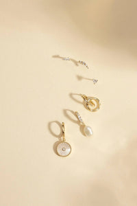 Eklexic - Mini Huggie Hoops With Mop & Cubic Zirconia Drop Earrings