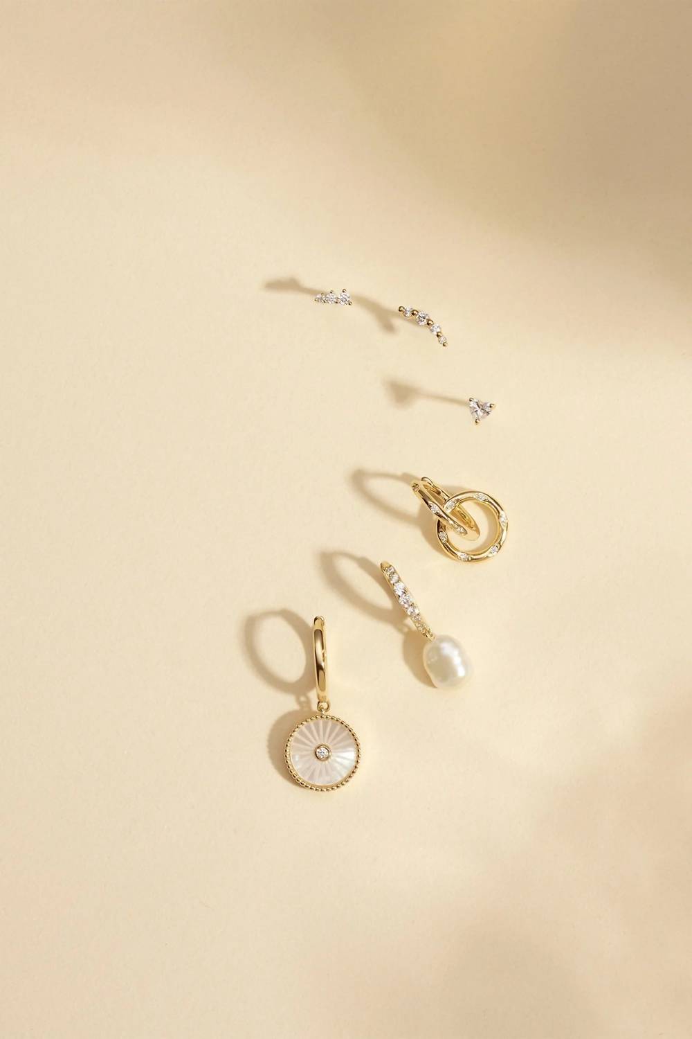 Eklexic - Mini Huggie Hoops With Mop & Cubic Zirconia Drop Earrings