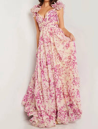 Jovani - Print Pleated Bodice Maxi Gown