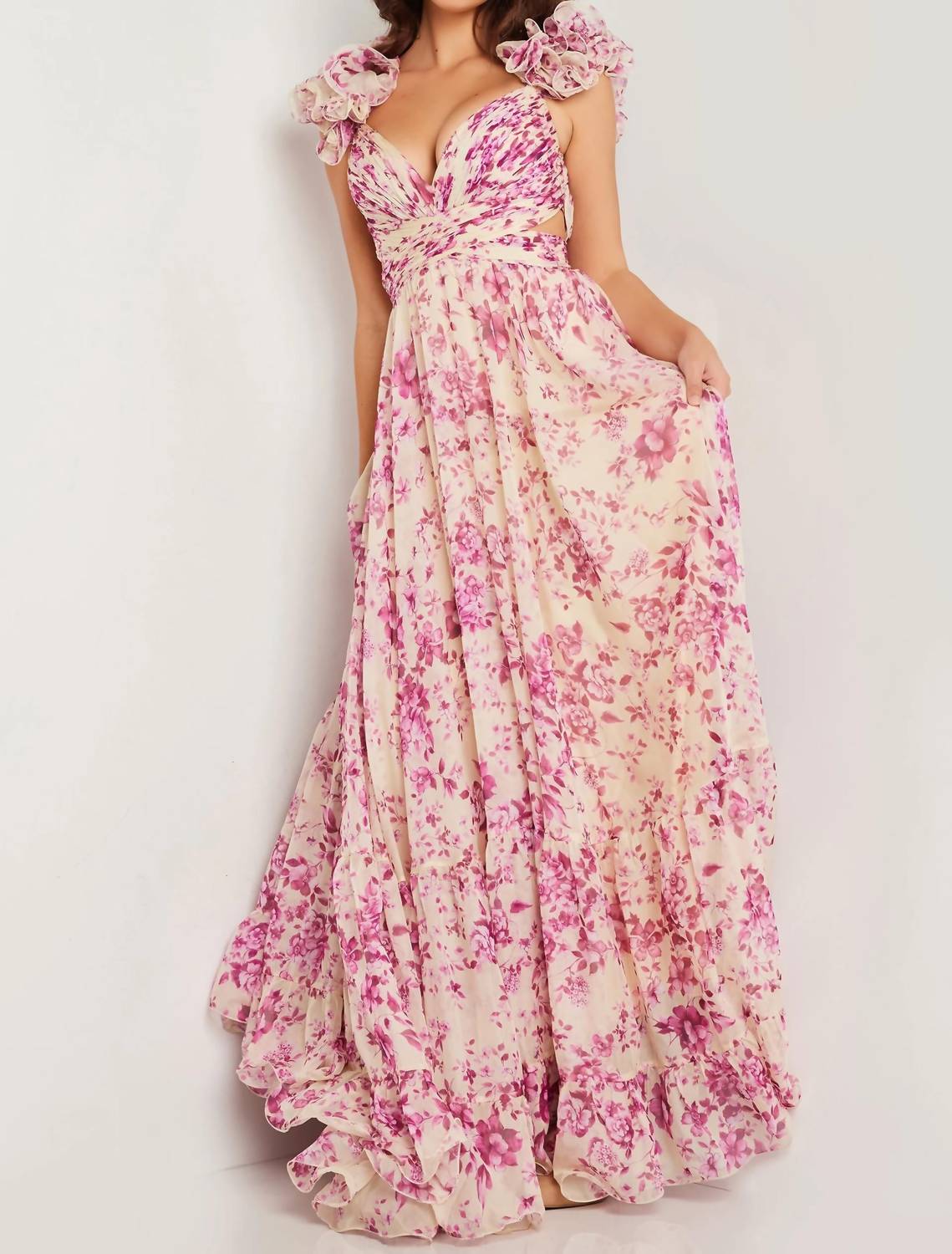 Jovani - Print Pleated Bodice Maxi Gown