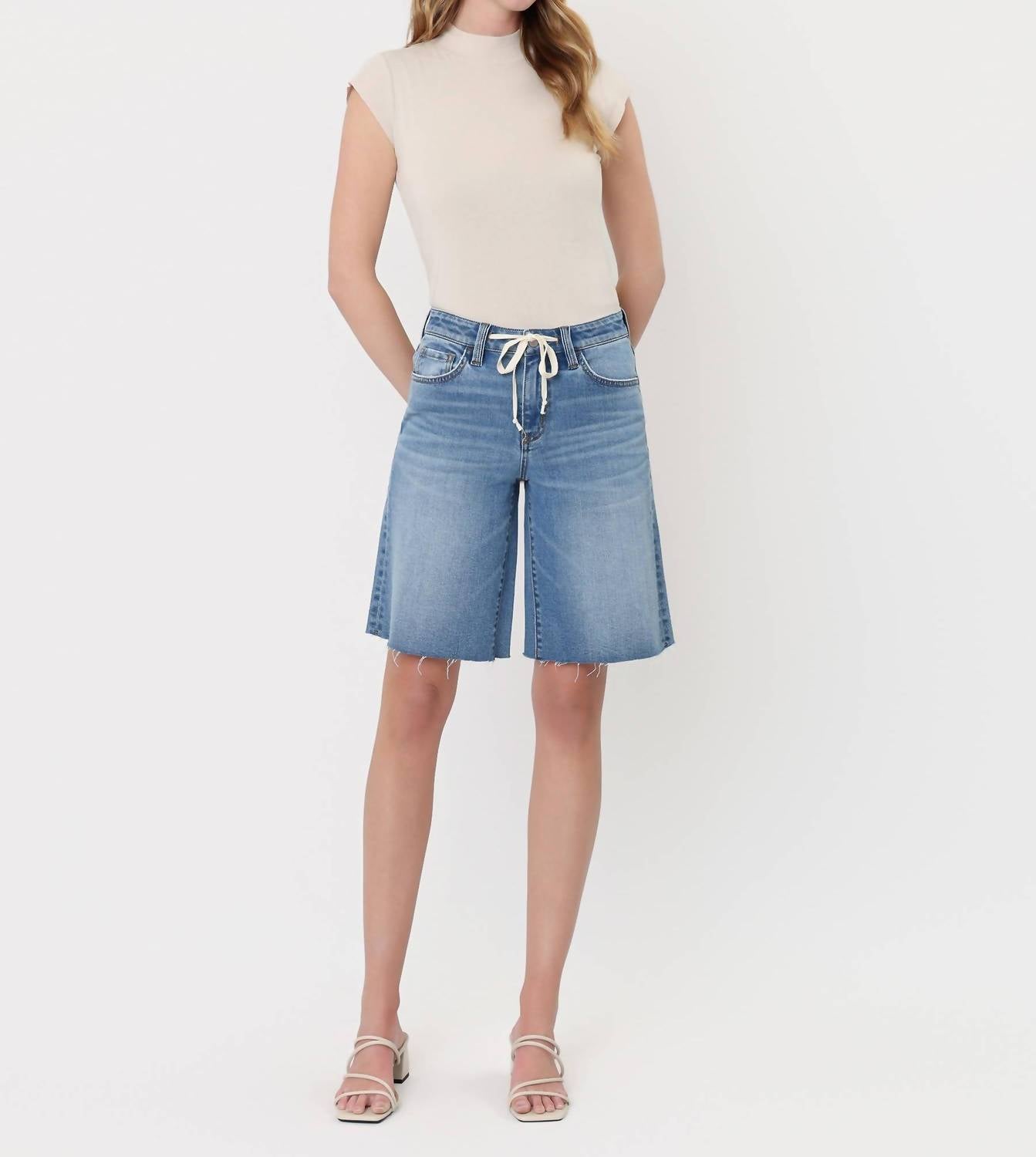 Vervet By Flying Monkey - High Rise Waist Tie Denim Bermuda Shorts