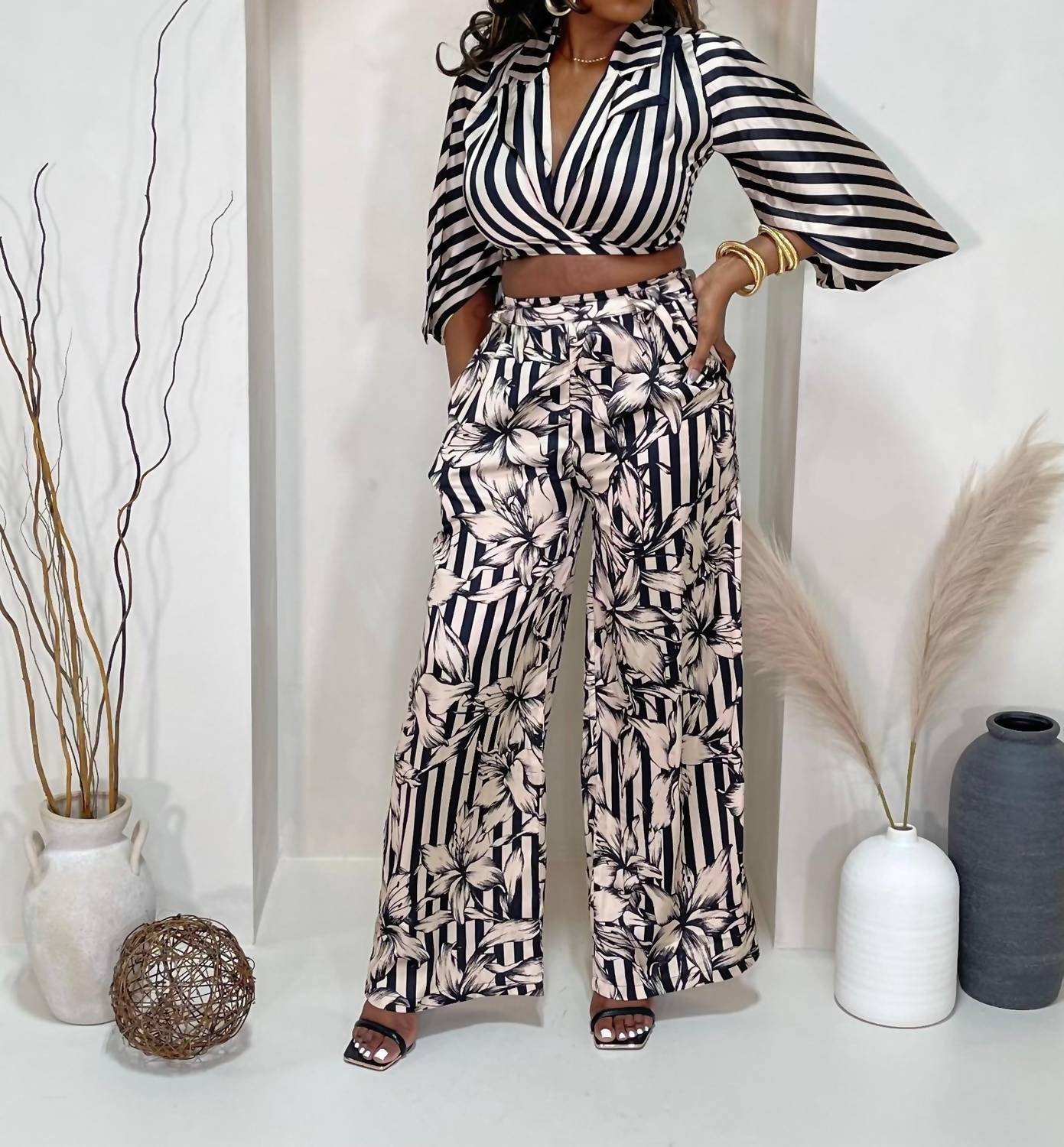 Balboa - Lovely One Satin Striped Pant Set