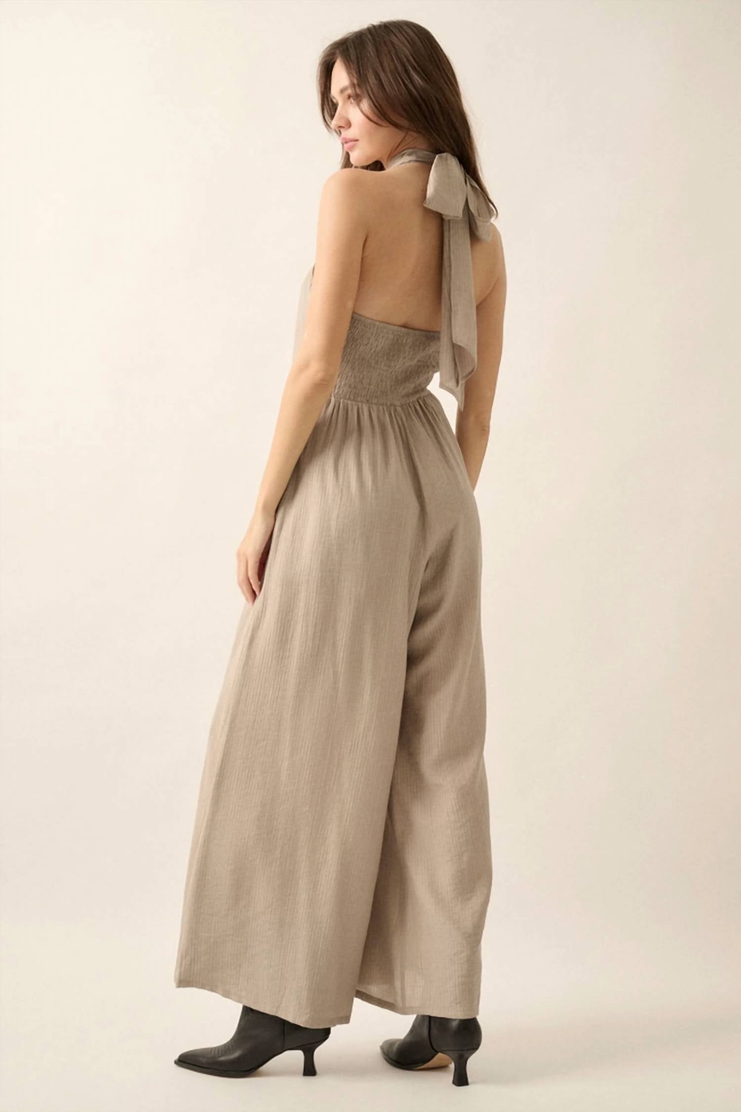 Promesa - Tonal Stripe Wide Leg Halter Jumpsuit