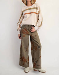 Easel - Flower Print Stretch Washed Twill Pants