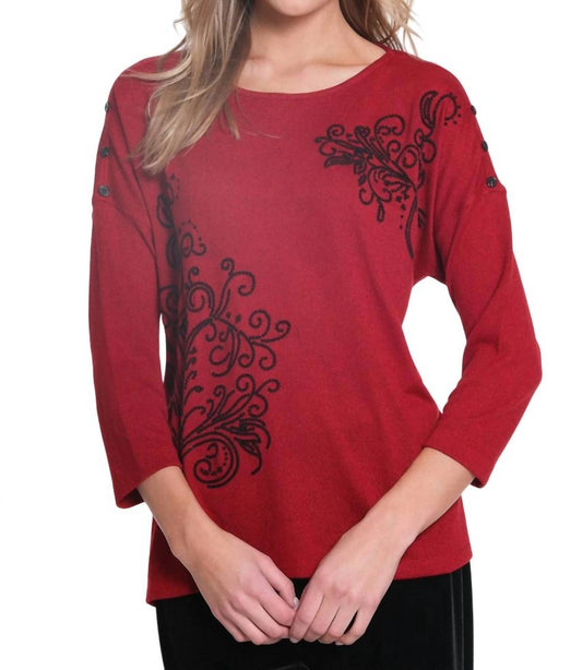 Multiples - Dolman 3/4 Sleeve Wide Neck with Sequin Print Top