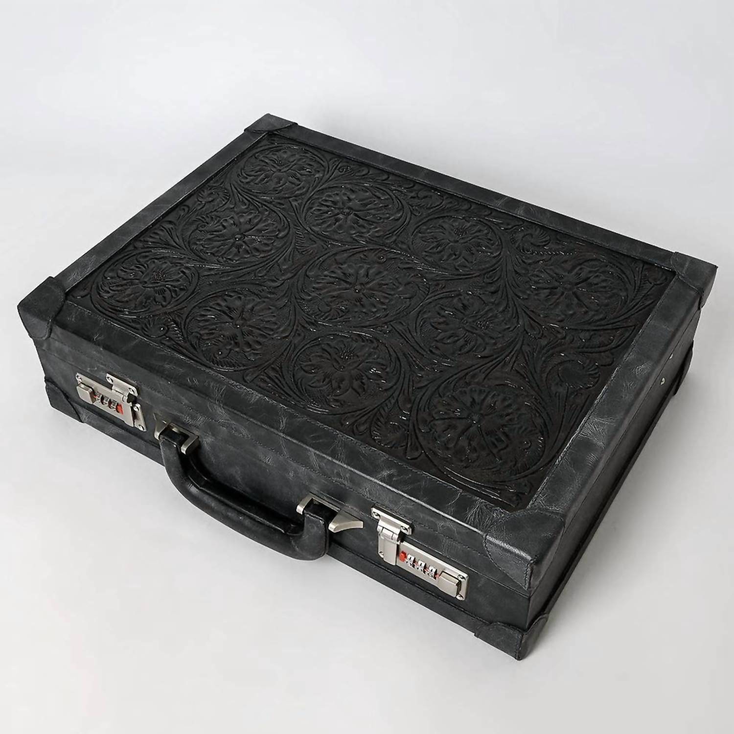 Ls Western - Hand-Tooled Floral Leather Jewelry Case with Dual Combination Locks