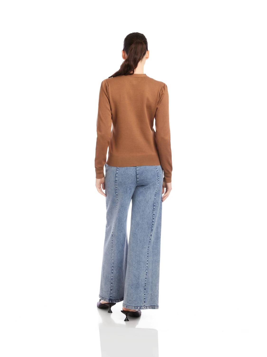 Fifteen Twenty Lacey V Neck Cardigan in mocha - women's cardigan - alternate view